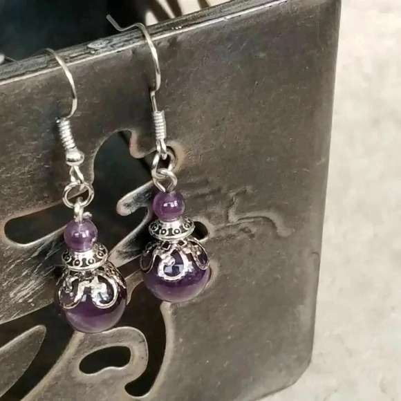Hand Crafted Amethyst Victorian Lace Art Nouveau Gemstone Bead Drop Earrings - Picture 3 of 6